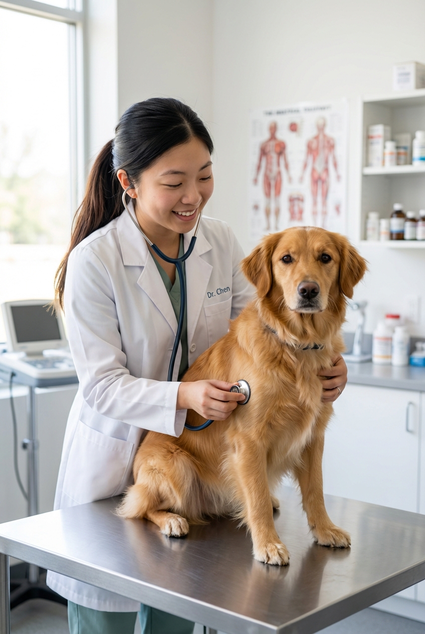 A veterinarian gently examining a medium-sized dog on an exam table in a bright clinic room