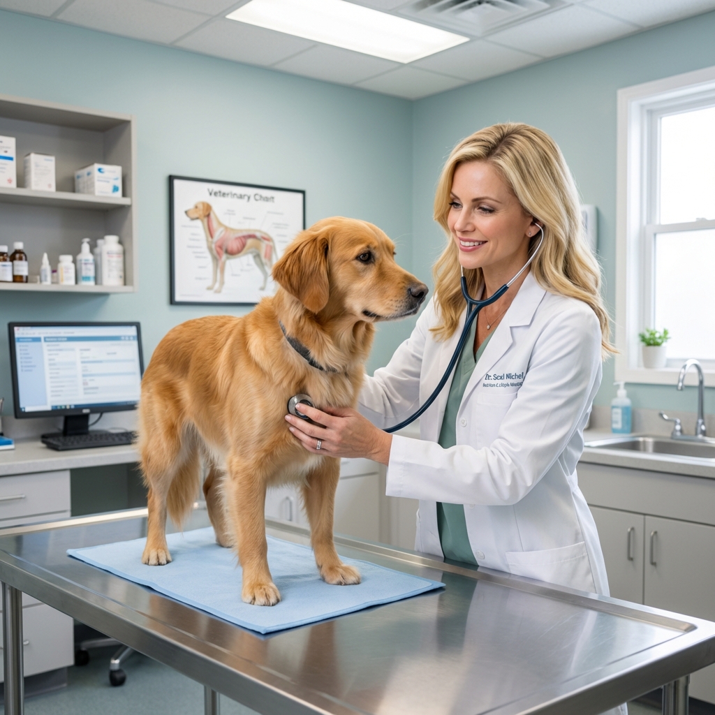 A veterinarian gently examining a medium-sized dog on an exam table in a bright clinic room