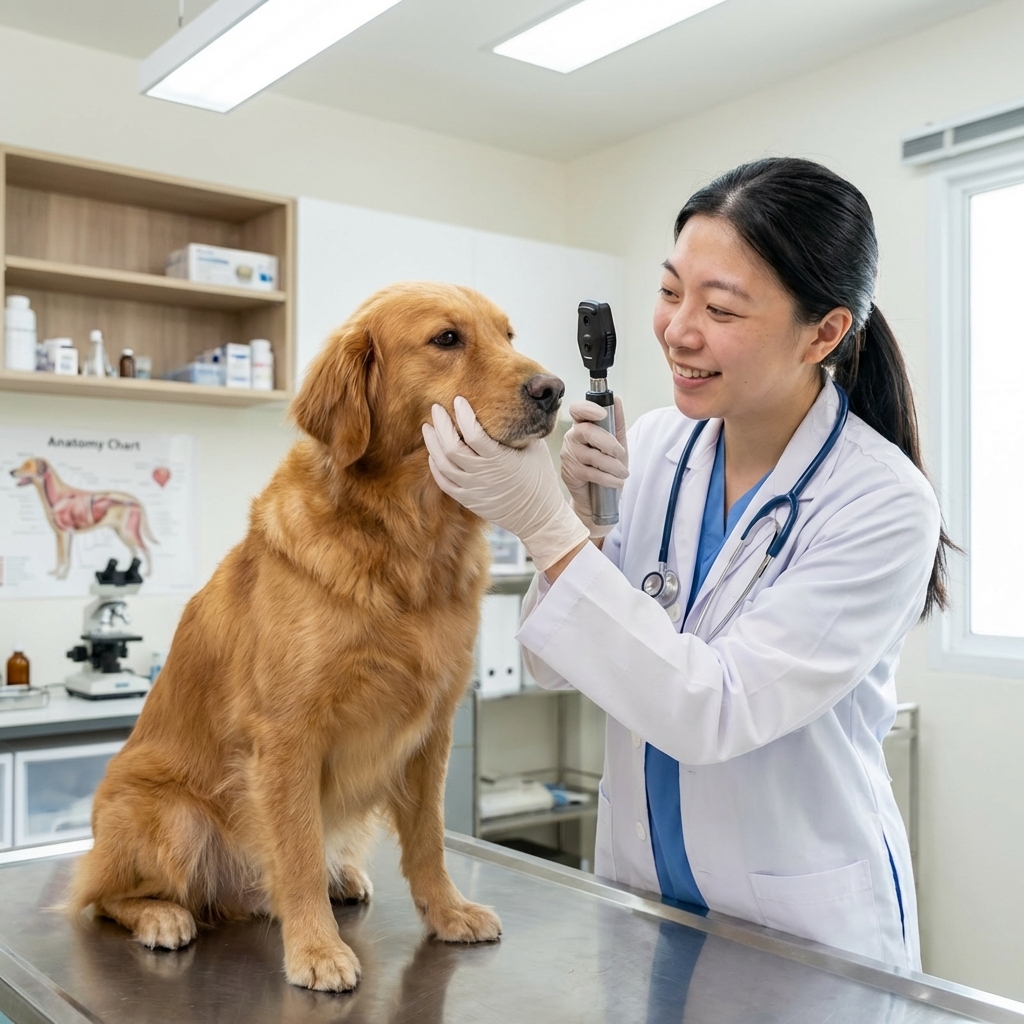 A veterinarian gently examining a medium-sized dog’s face and eyes in a brightly lit veterinary exam room