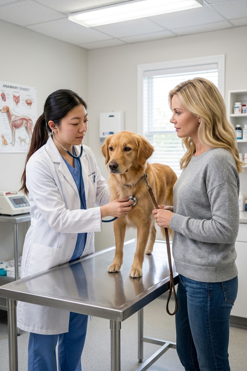 A veterinarian gently examining a medium sized dog on an exam table while a pet owner listens, realistic clinic photo