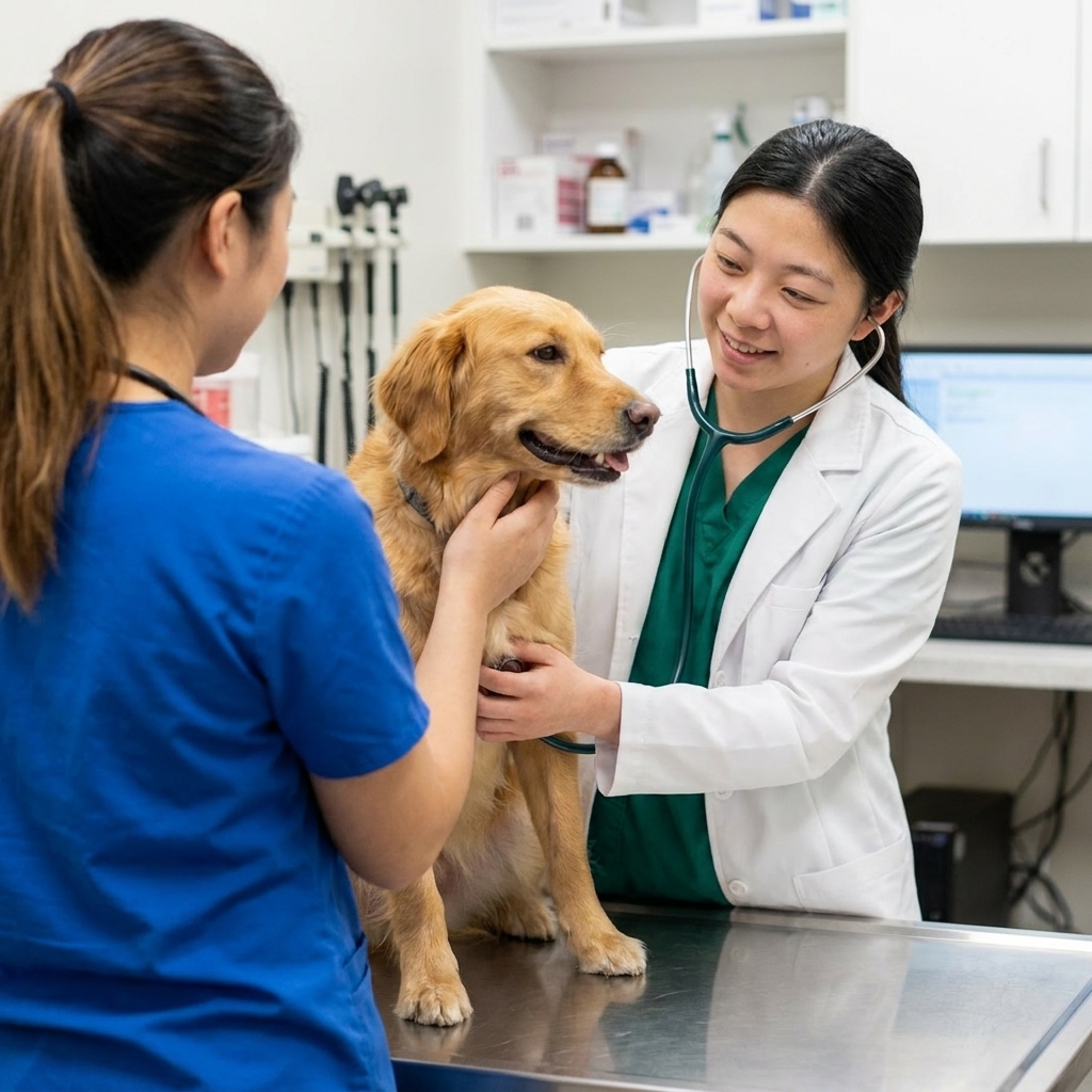 A veterinarian gently examining a medium-sized dog on an exam table while a technician supports the dog calmly, clinical photography style