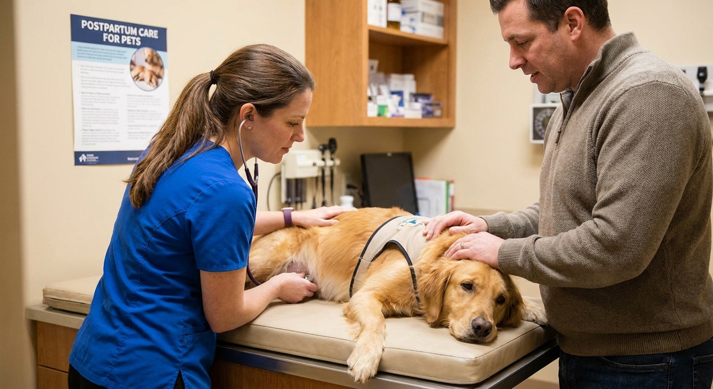 A veterinarian gently examining a mother dog on an exam table while an owner stands nearby, showing a calm clinic visit for postpartum concerns