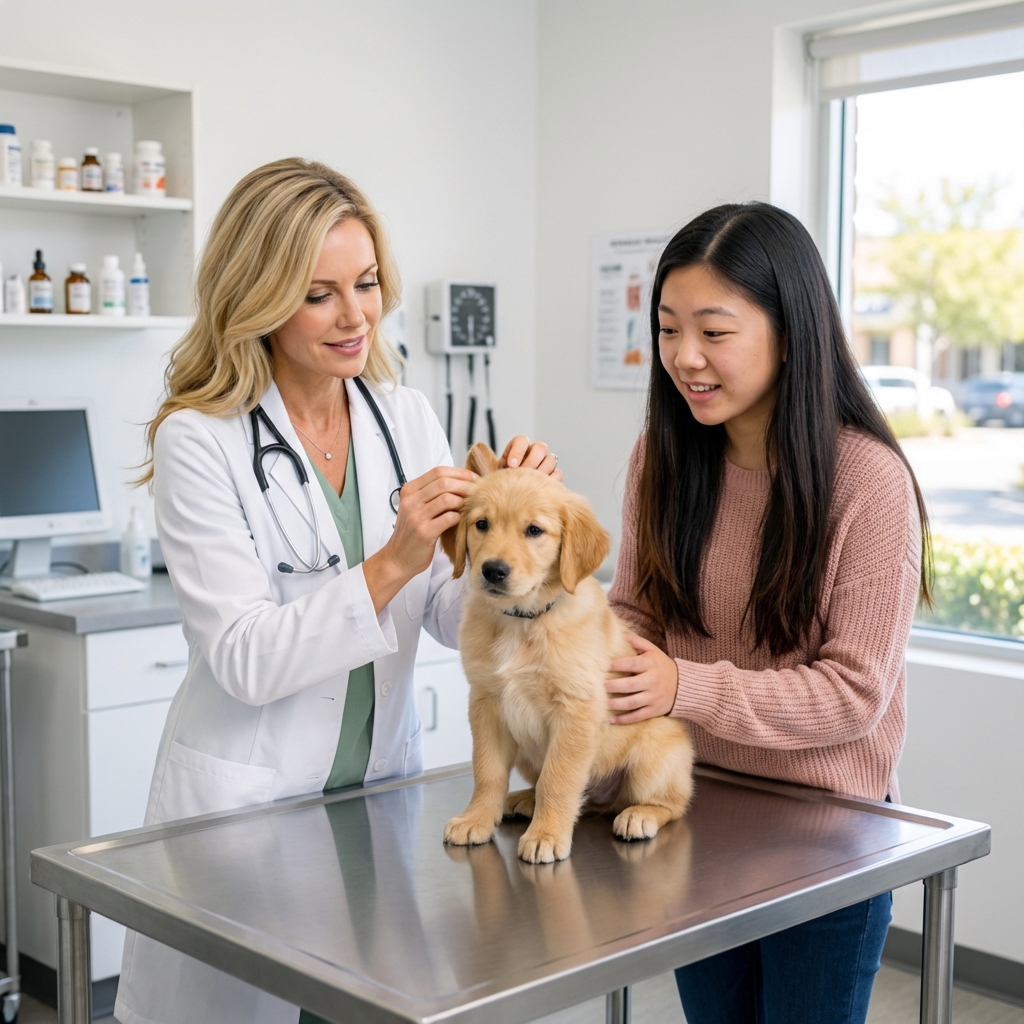 A veterinarian gently examining a puppy on an exam table while a pet parent watches