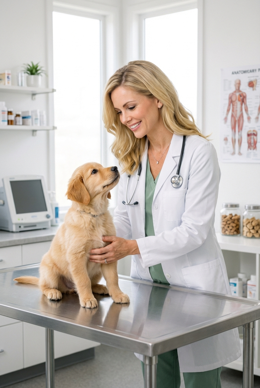A veterinarian gently examining a puppy on an exam table in a bright clinic room