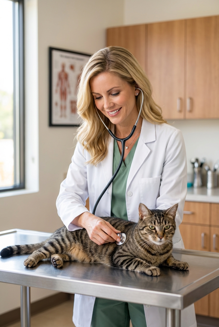 A veterinarian gently examining a relaxed cat on an exam table in a bright clinic room