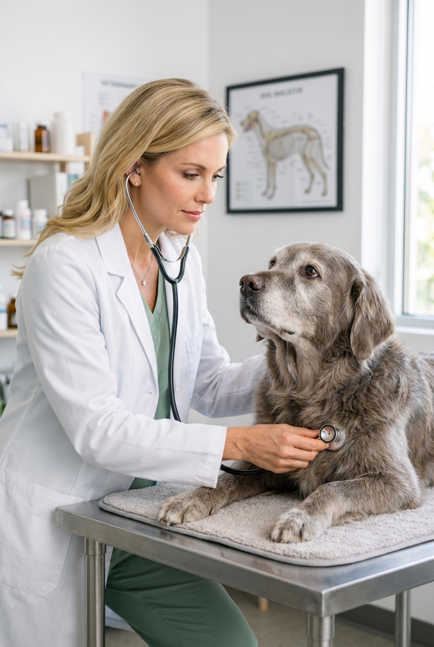 A veterinarian gently examining a senior dog with a stethoscope in a well-lit exam room