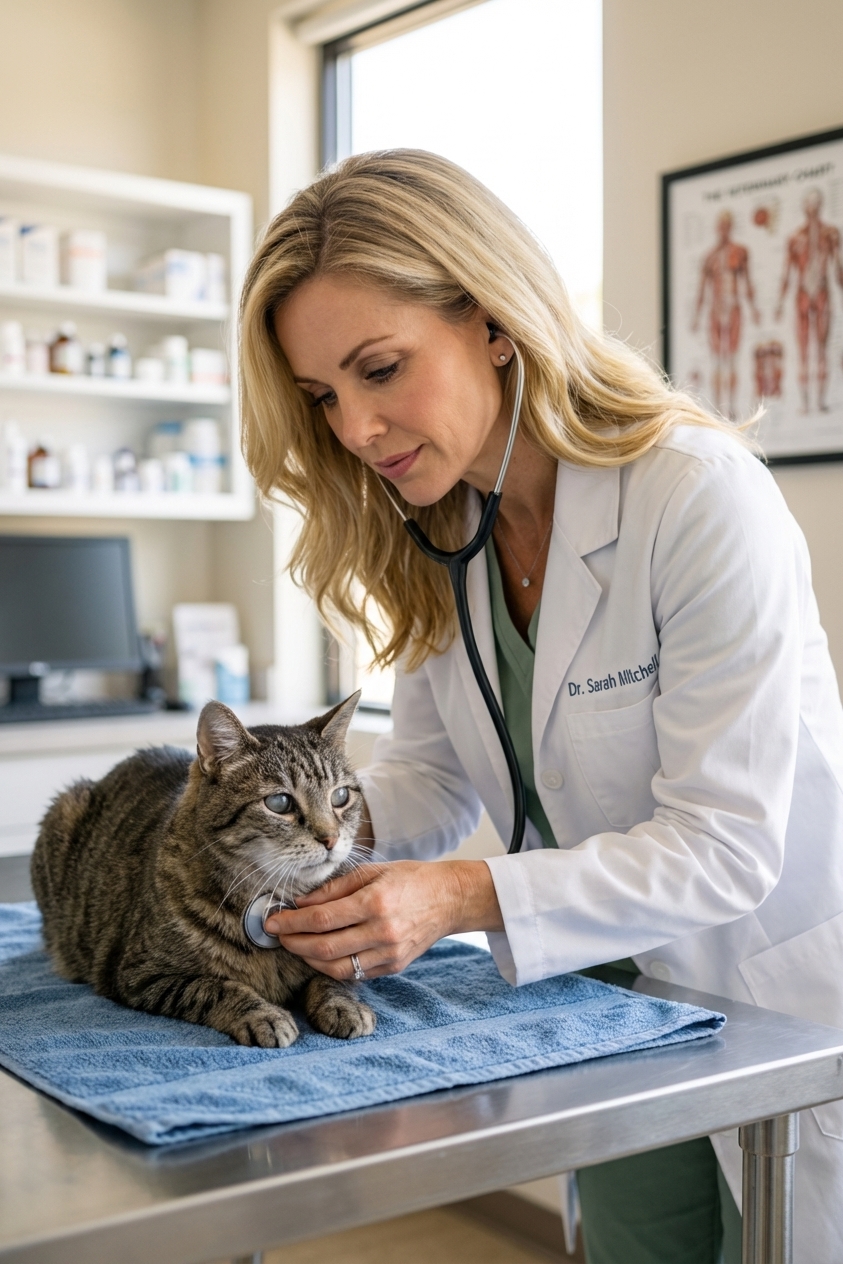 A veterinarian gently examining a senior domestic shorthair cat on an exam table in a bright veterinary clinic room, realistic documentary photo