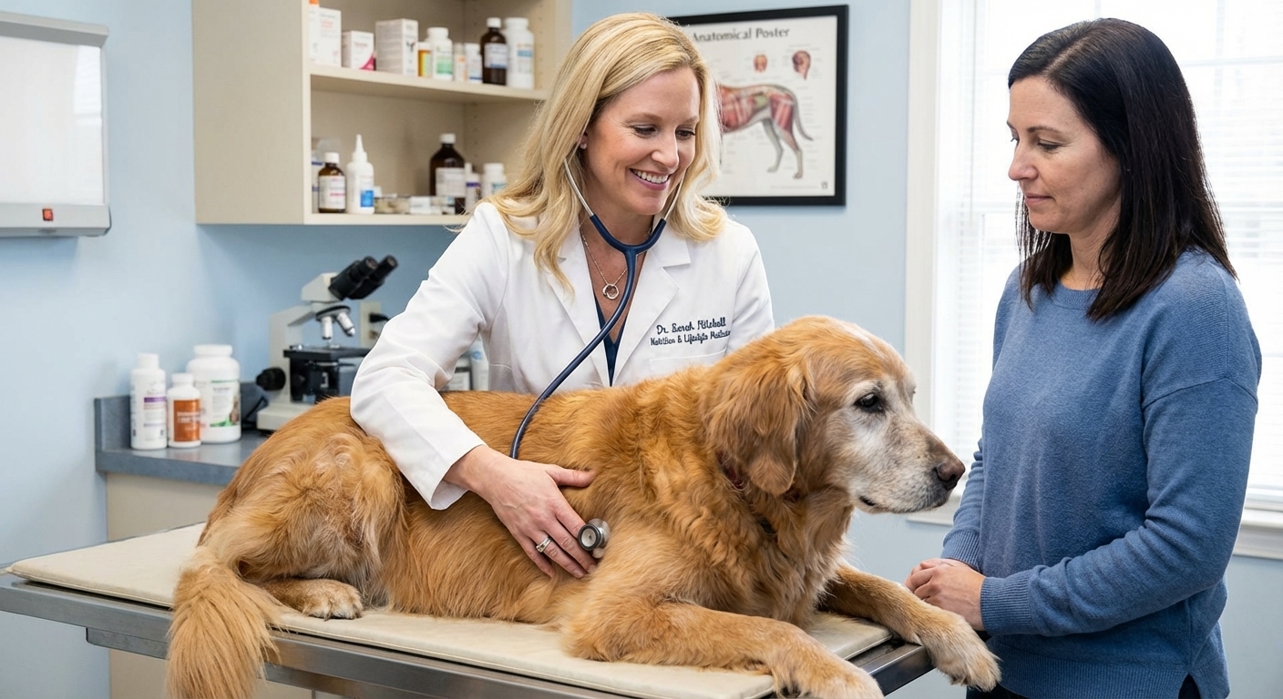 A veterinarian gently examining a senior large-breed dog on an exam table while an owner stands nearby, calm clinic environment, realistic photography
