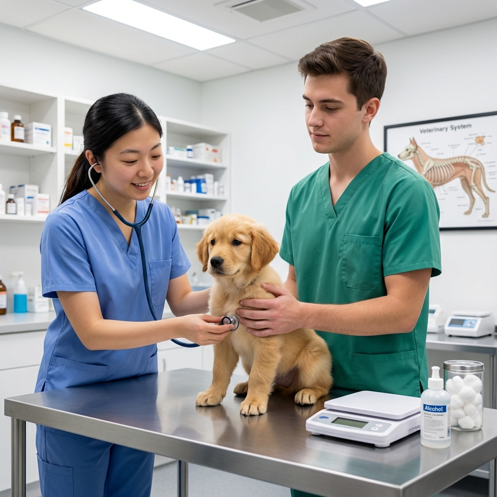 A veterinarian gently examining a seven-week-old puppy on an exam table while a technician supports the puppy