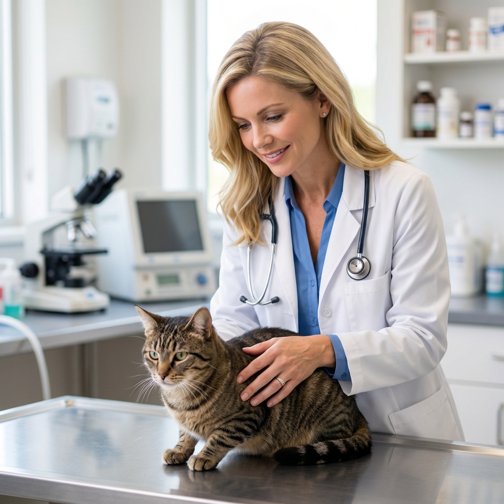 A veterinarian gently examining a short-haired cat on an exam table in a bright clinic room