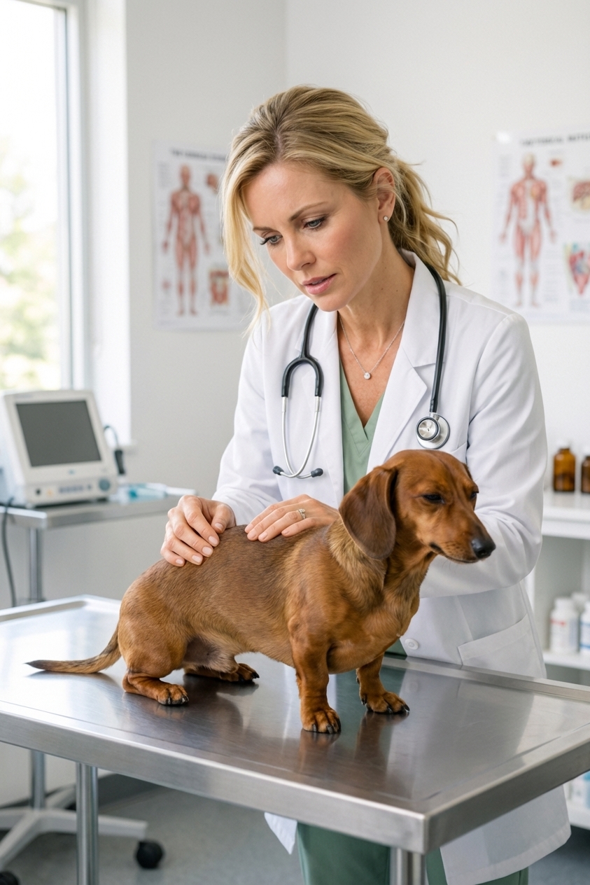 A veterinarian gently examining a small Dachshund with back pain on a stainless steel exam table in a bright clinic room, realistic photography style