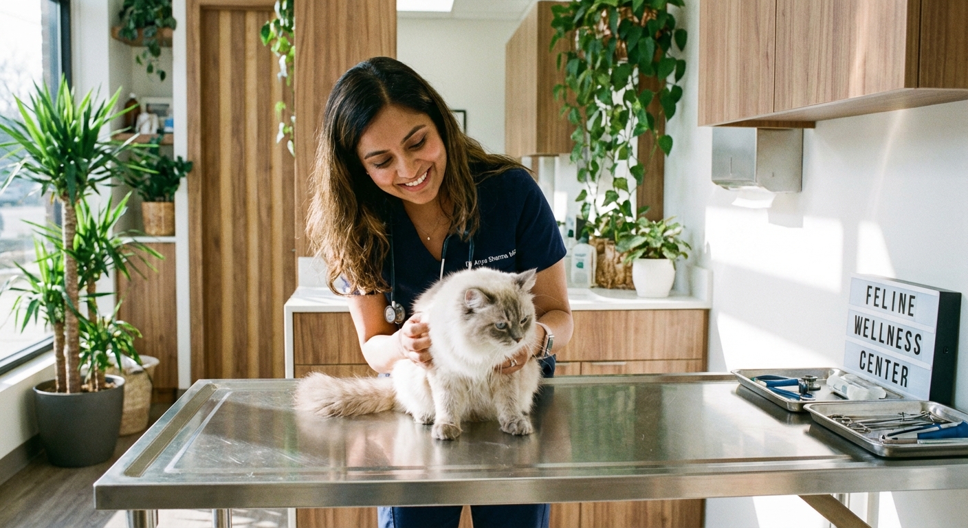 A veterinarian gently examining a small Napoleon cat on an exam table in a bright clinic room