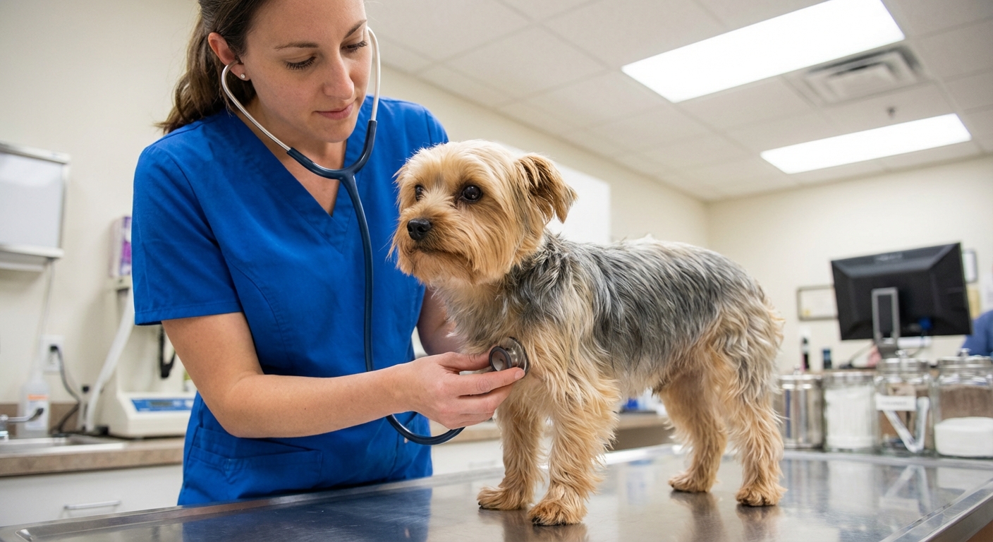 A veterinarian gently examining a small Shorkie on an exam table, stethoscope on chest, calm dog, bright veterinary clinic lighting, photorealistic
