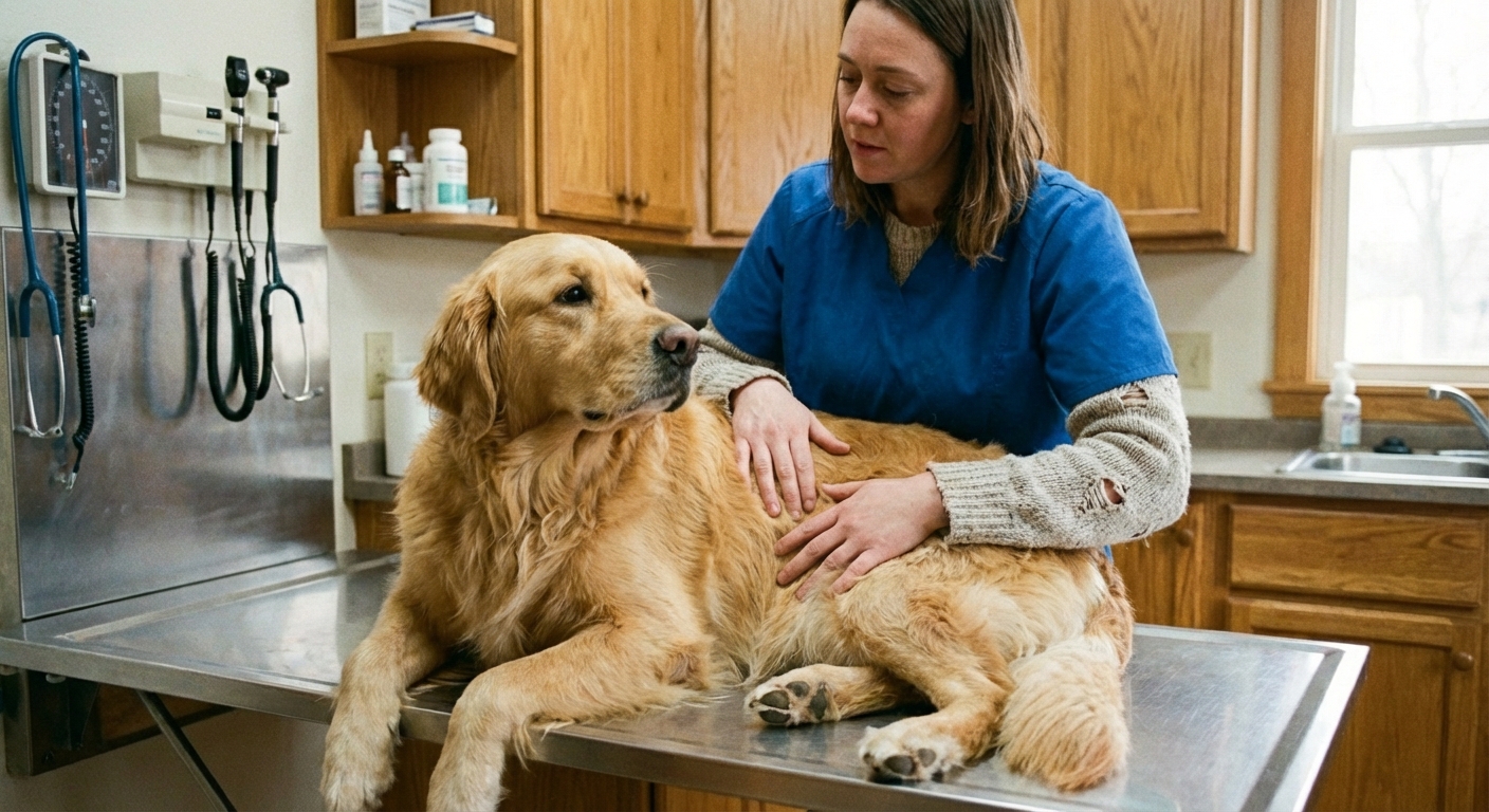 A veterinarian gently examining a small dog on an exam table in a clinic