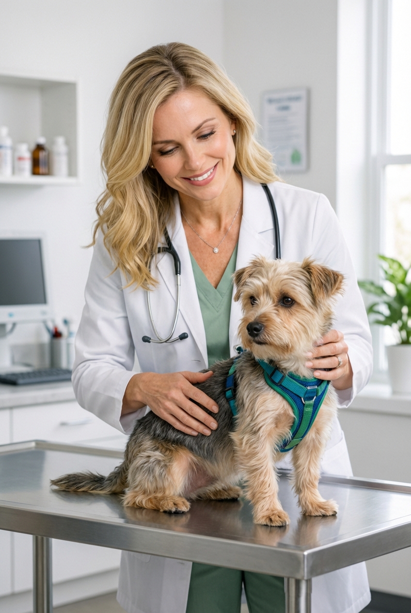 A veterinarian gently examining a small dog on an exam table while the dog wears a harness