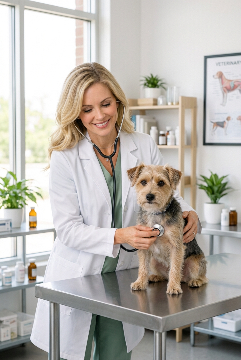 A veterinarian gently examining a small dog on an exam table in a bright clinic room