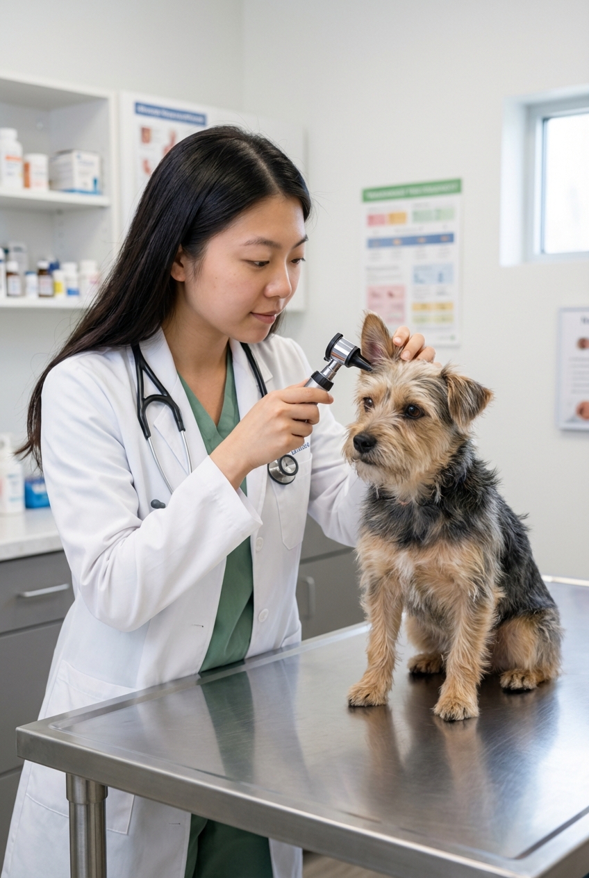 A veterinarian gently examining a small dog on an exam table
