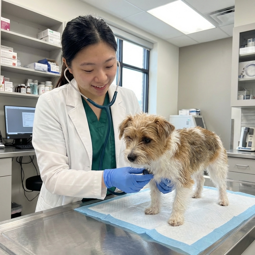A veterinarian gently examining a small dog on an exam table