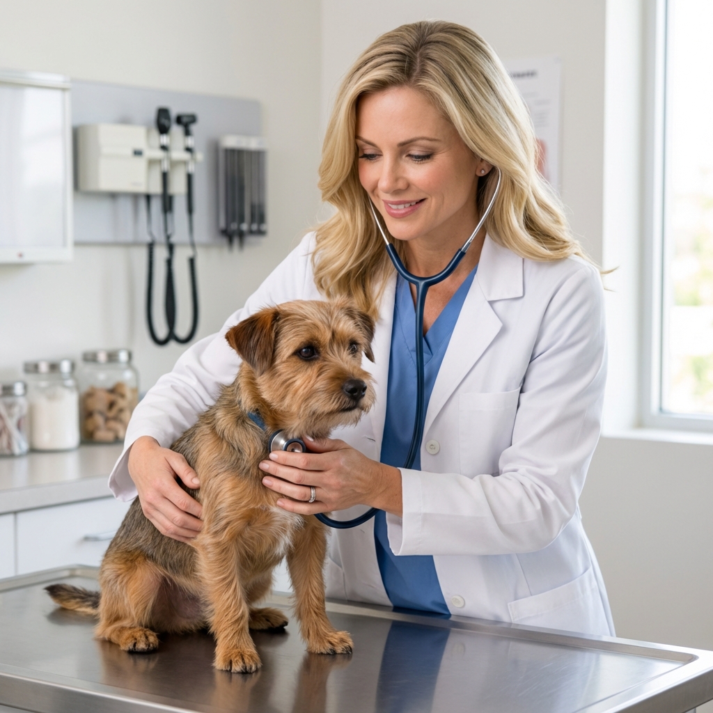 A veterinarian gently examining a small dog on an exam table