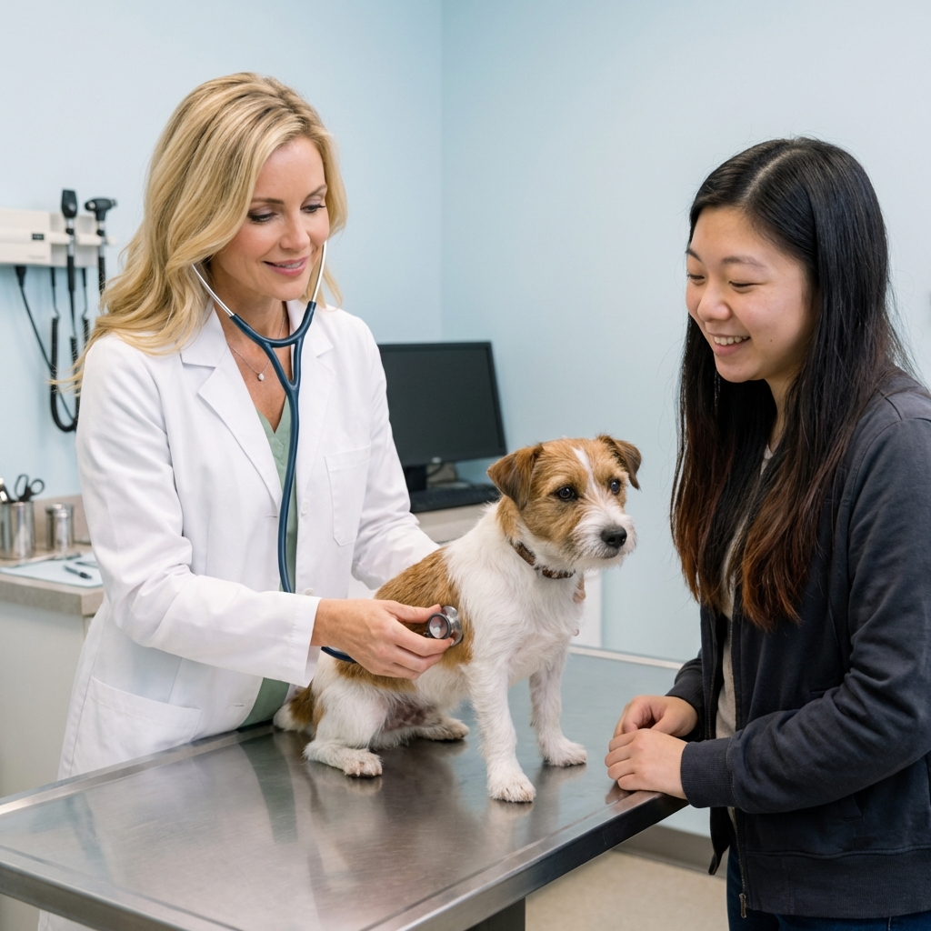 A veterinarian gently examining a small dog on an exam table while the owner stands nearby