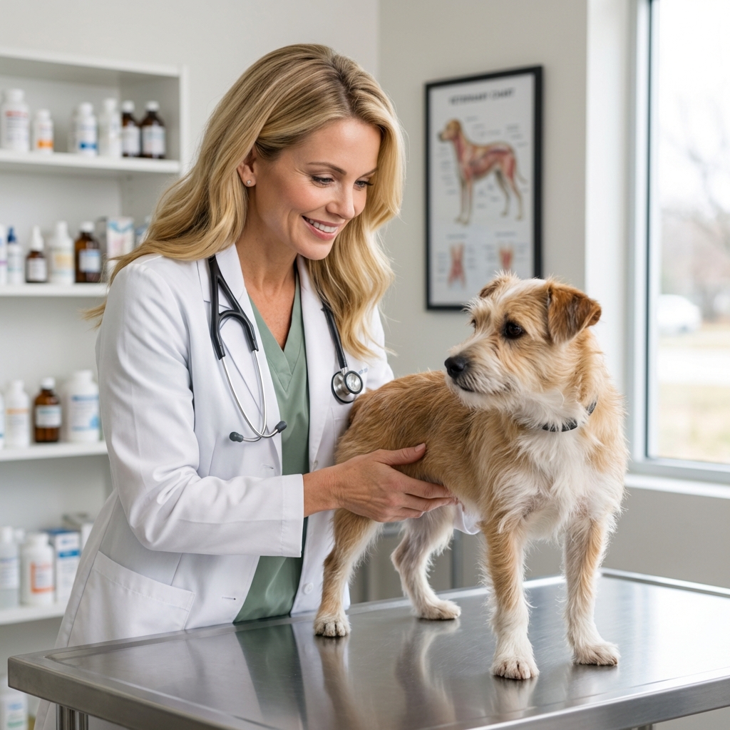 A veterinarian gently examining a small dog on an exam table