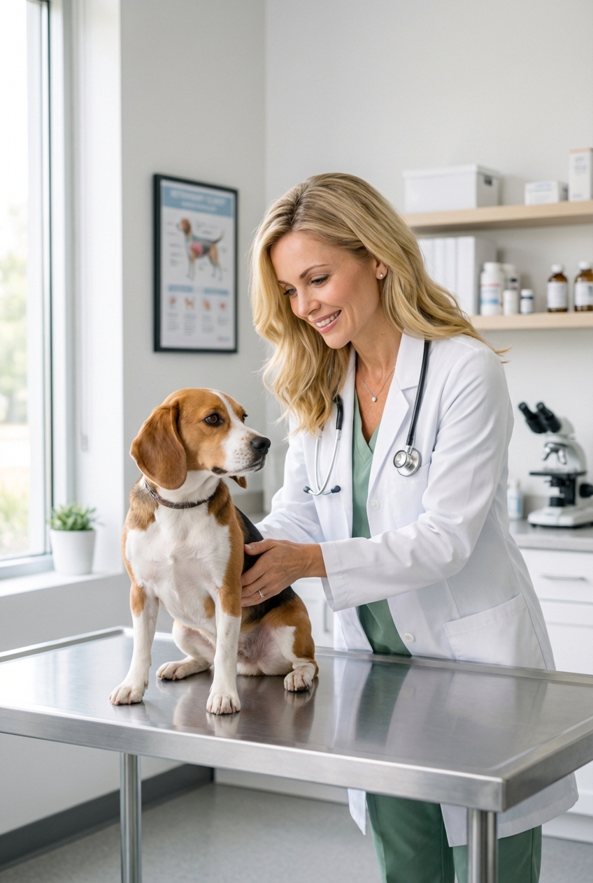 A veterinarian gently examining a small dog on an exam table in a bright clinic room