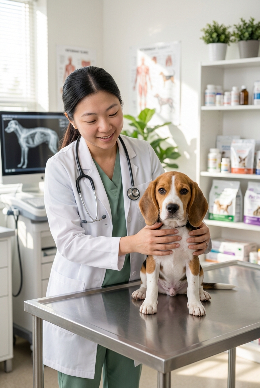 A veterinarian gently examining a small dog on an exam table in a bright clinic room