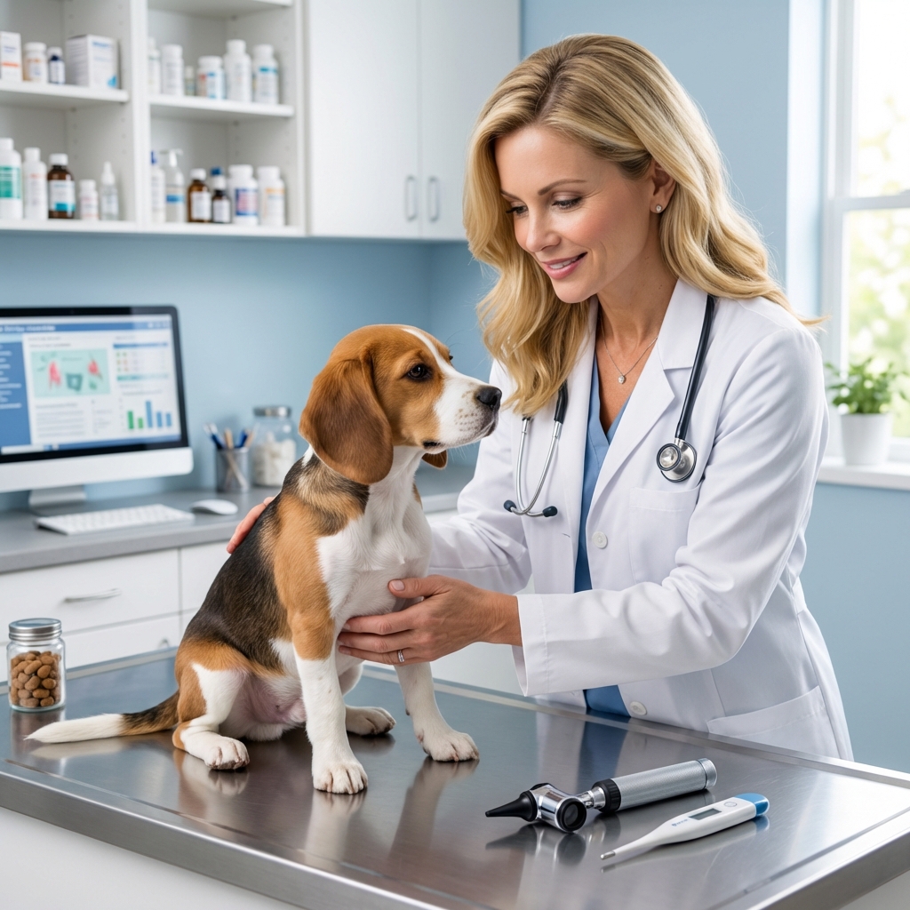 A veterinarian gently examining a small dog on an exam table in a brightly lit clinic room