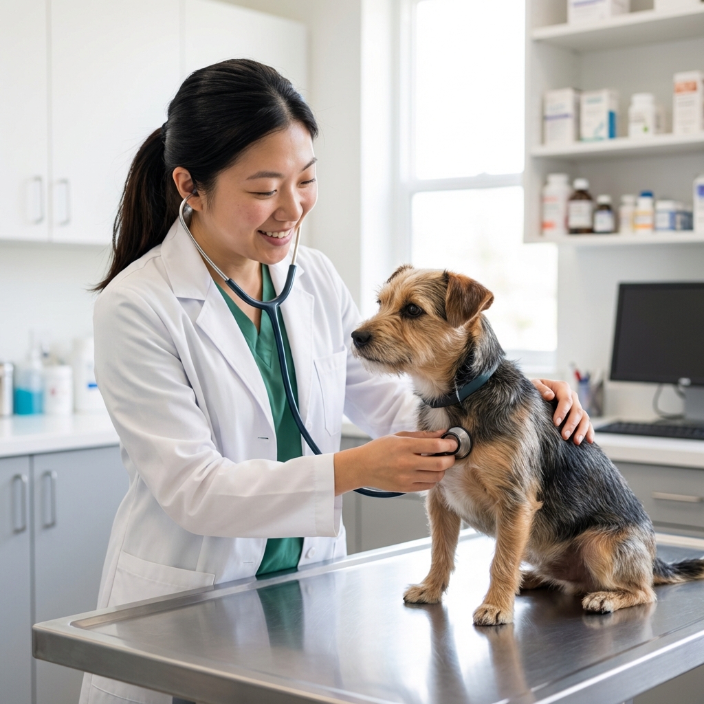 A veterinarian gently examining a small dog on an exam table in a bright clinic room