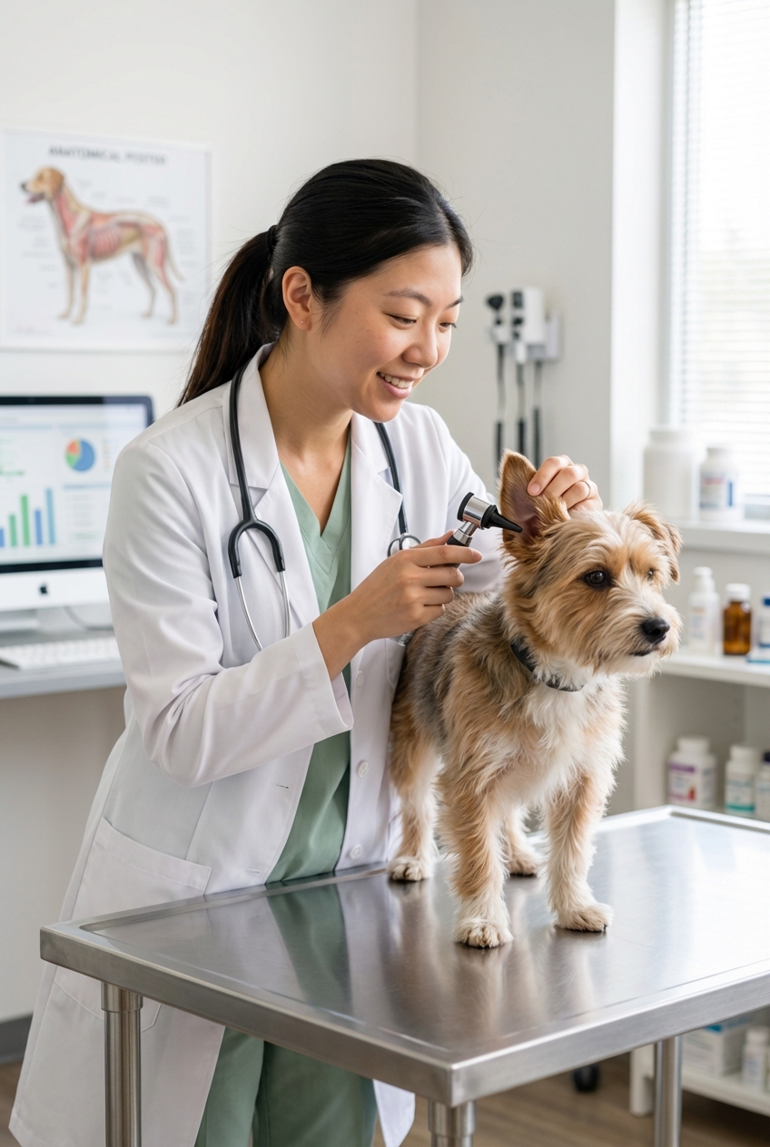 A veterinarian gently examining a small dog on an exam table in a bright clinic room