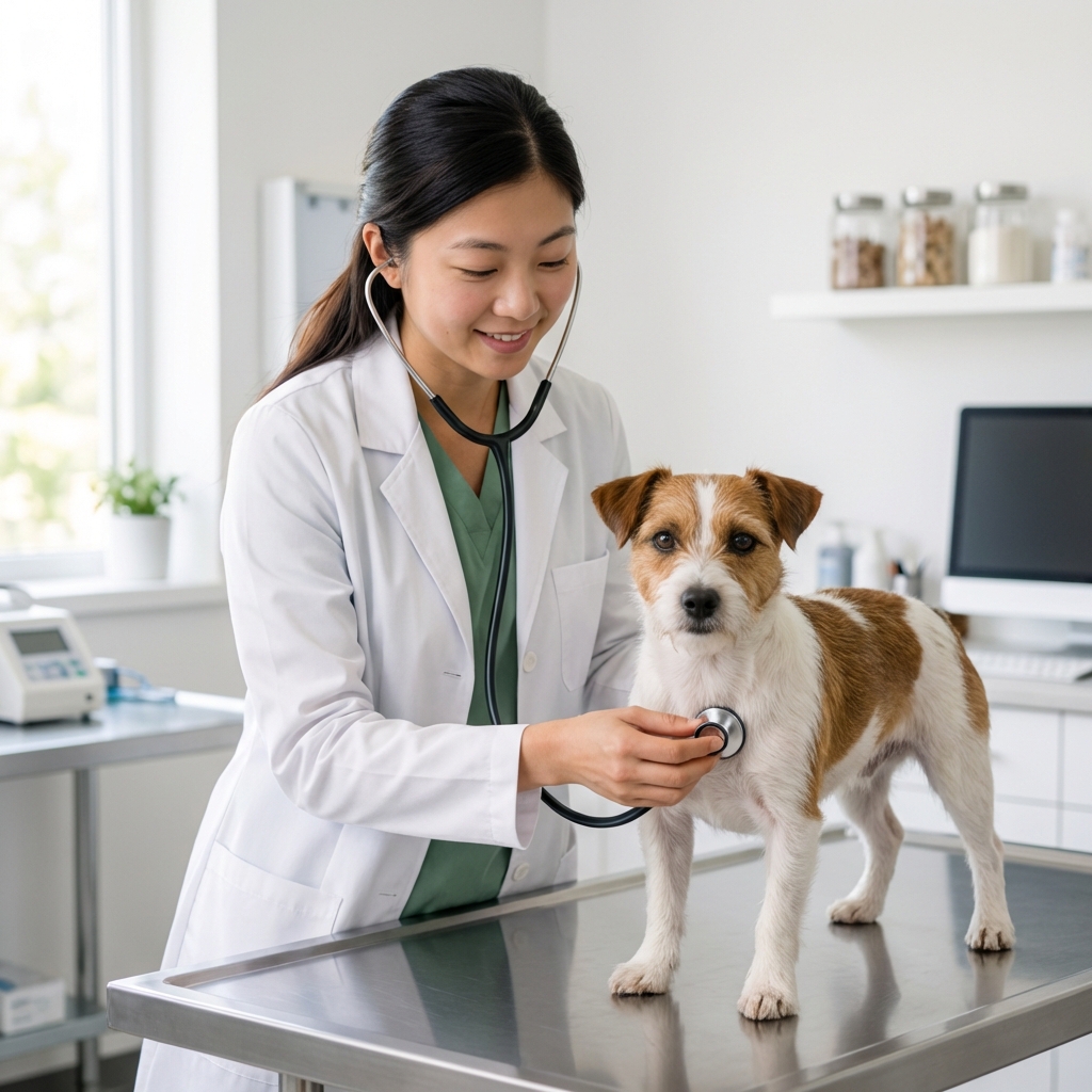 A veterinarian gently examining a small dog on an exam table in a bright clinic room