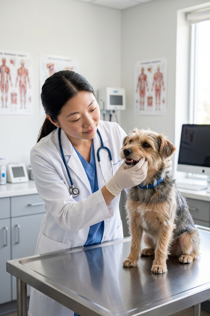 A veterinarian gently examining a small dog’s teeth and gums in a clinic exam room