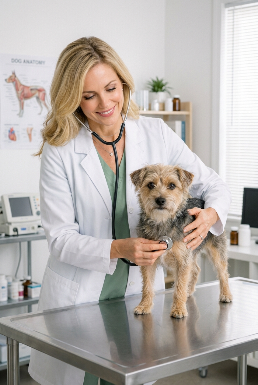 A veterinarian gently examining a small mixed-breed dog on an exam table in a clinic