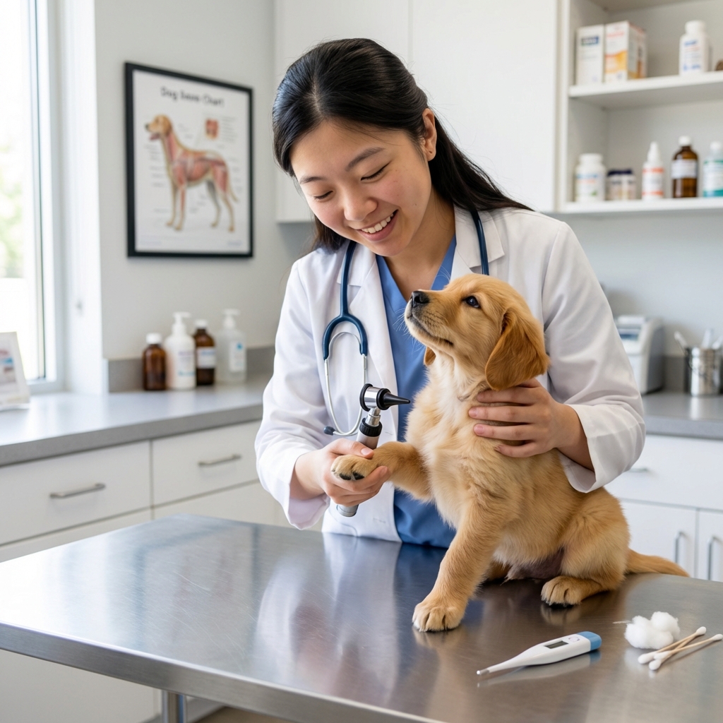 A veterinarian gently examining a small puppy on an exam table in a clinic room