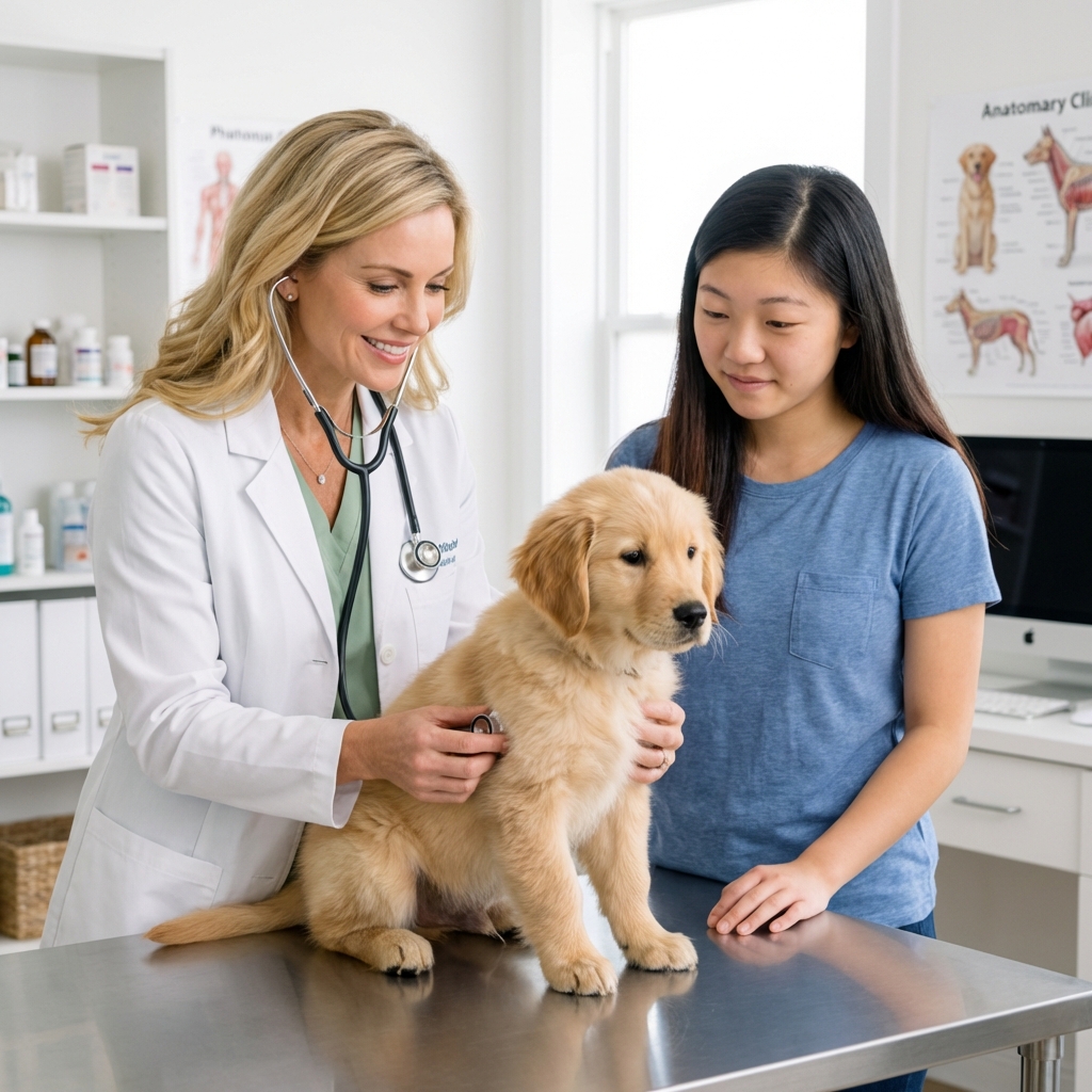 A veterinarian gently examining a small puppy on an exam table while an owner watches