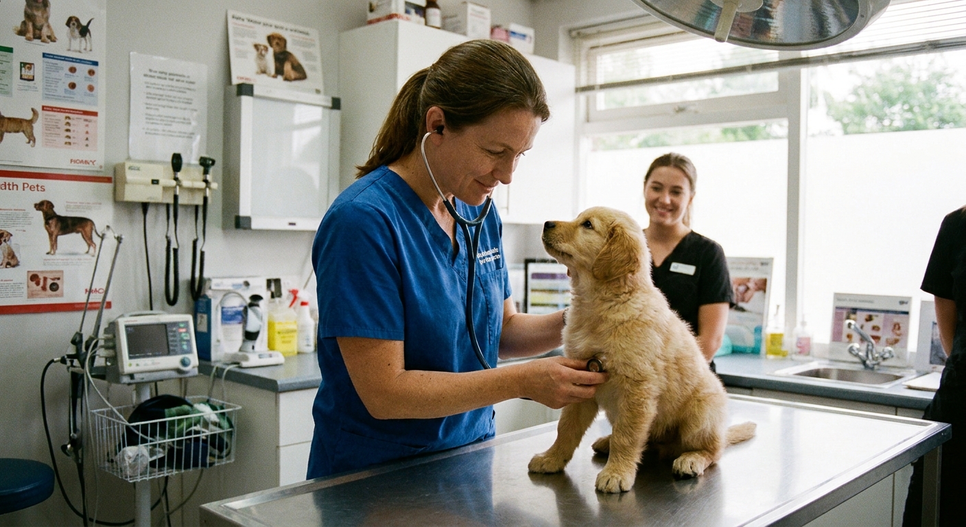 A veterinarian gently examining a small puppy on an exam table in a veterinary clinic