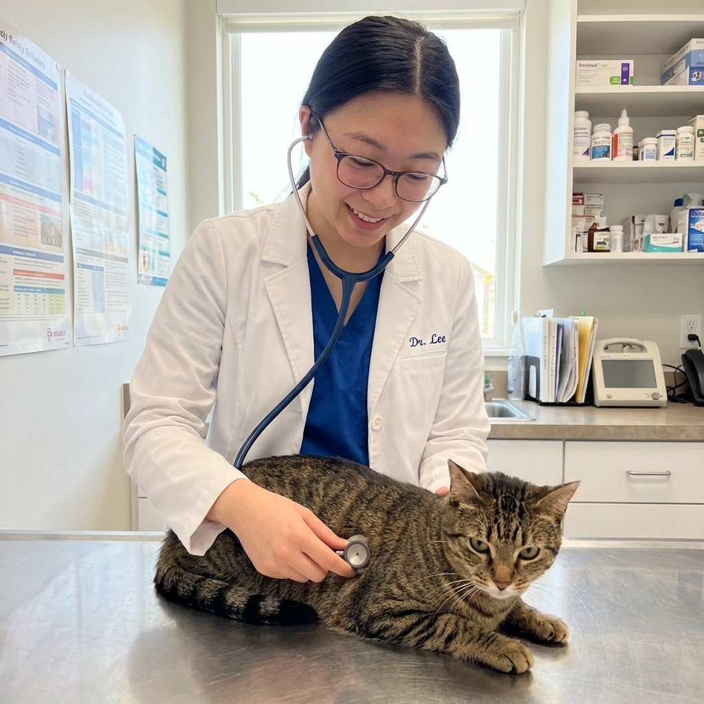 A veterinarian gently examining a tabby cat on an exam table in a bright clinic room