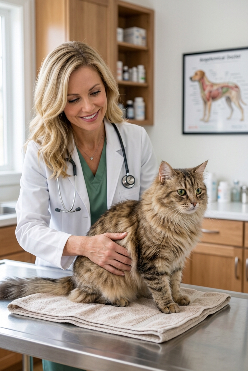 A veterinarian gently examining a tabby cat on an exam table in a clinic room