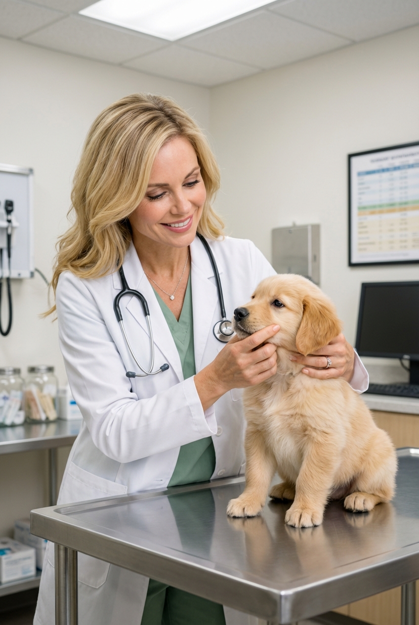 A veterinarian gently examining a very young puppy's face in a clinic setting