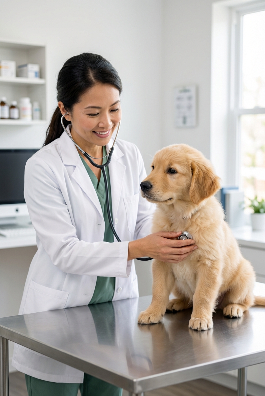 A veterinarian gently examining a young dog in a clinic room