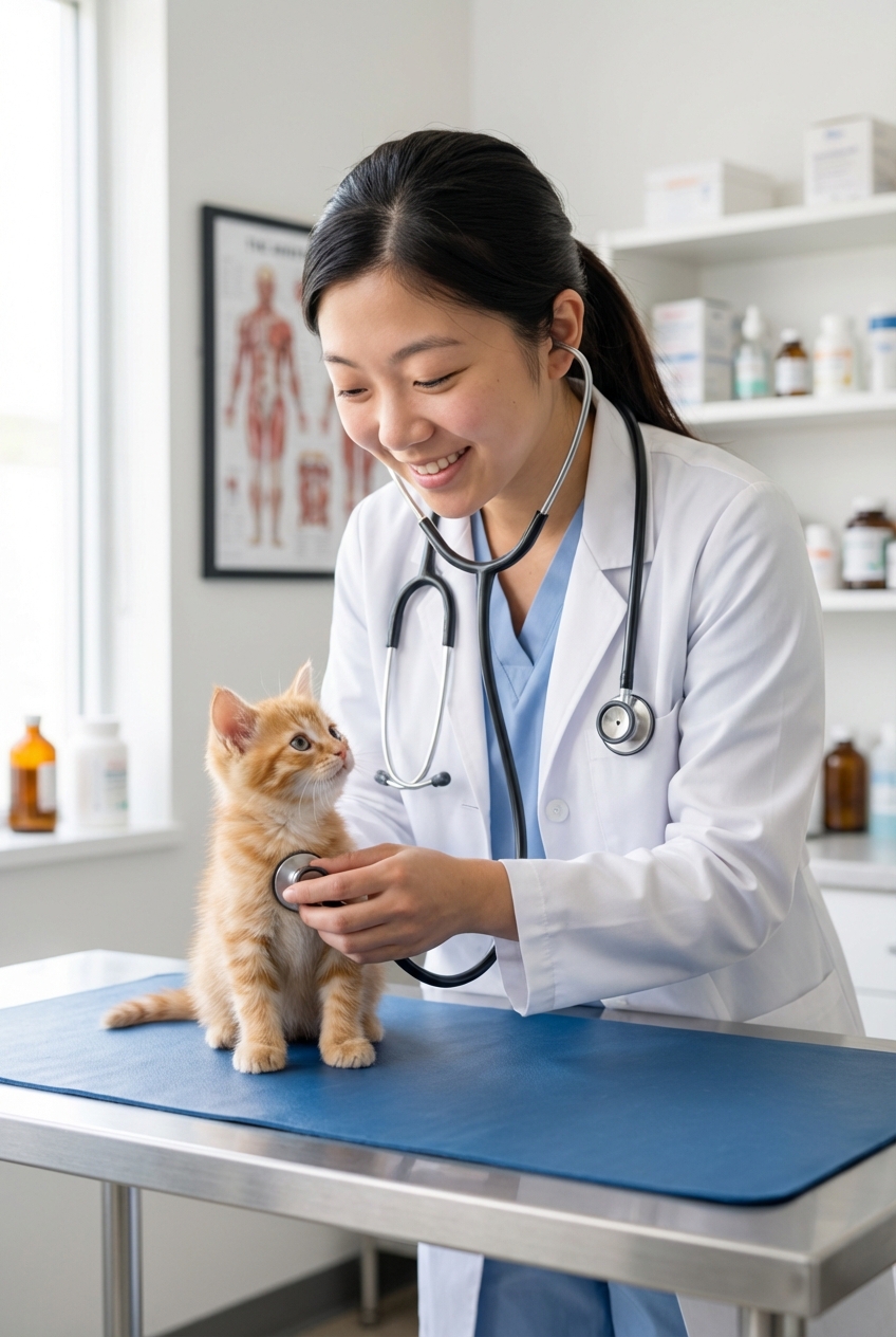 A veterinarian gently examining a young kitten on an exam table in a bright clinic room