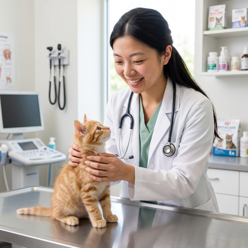 A veterinarian gently examining a young kitten on an exam table in a bright clinic room