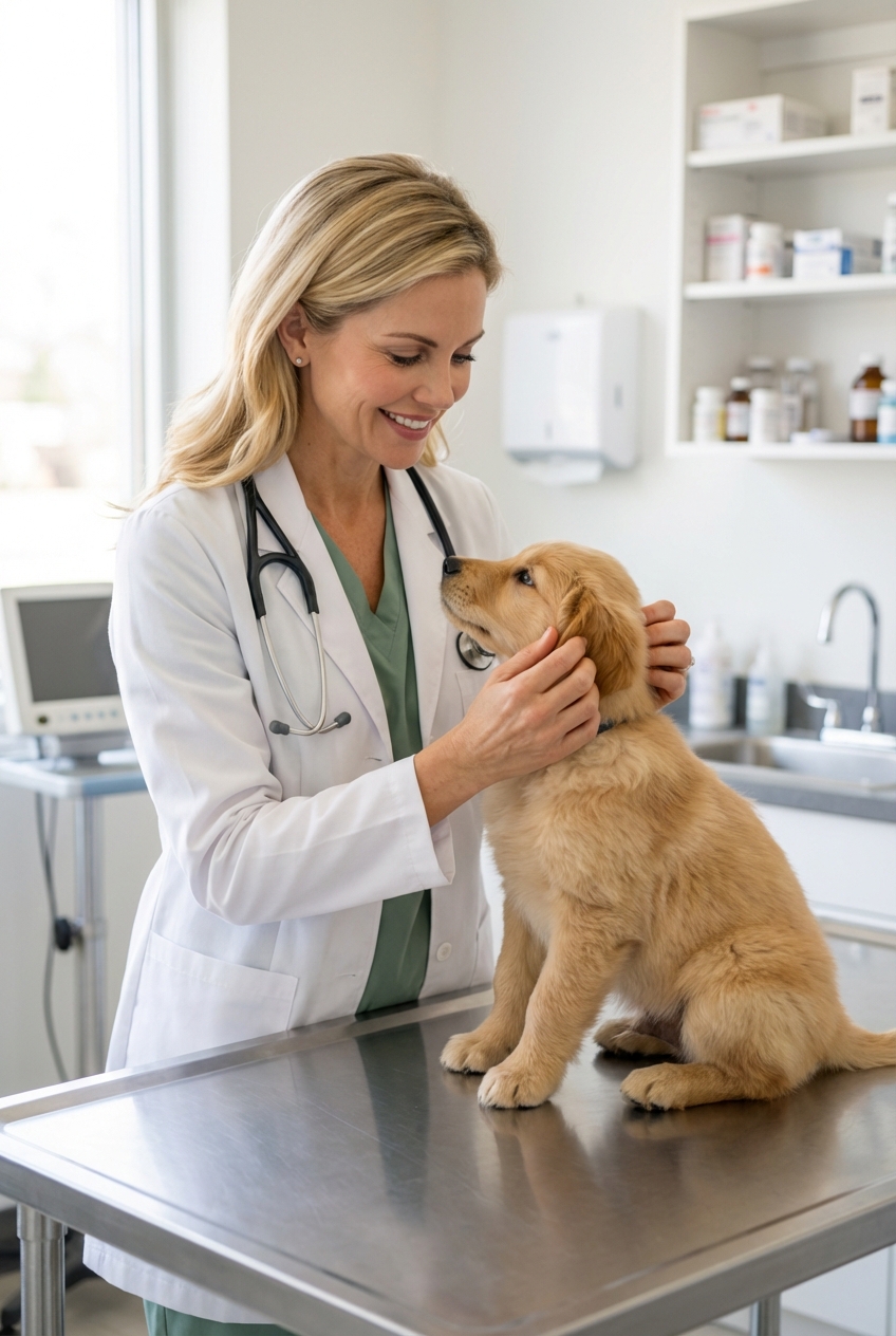 A veterinarian gently examining a young puppy on an exam table in a bright clinic room