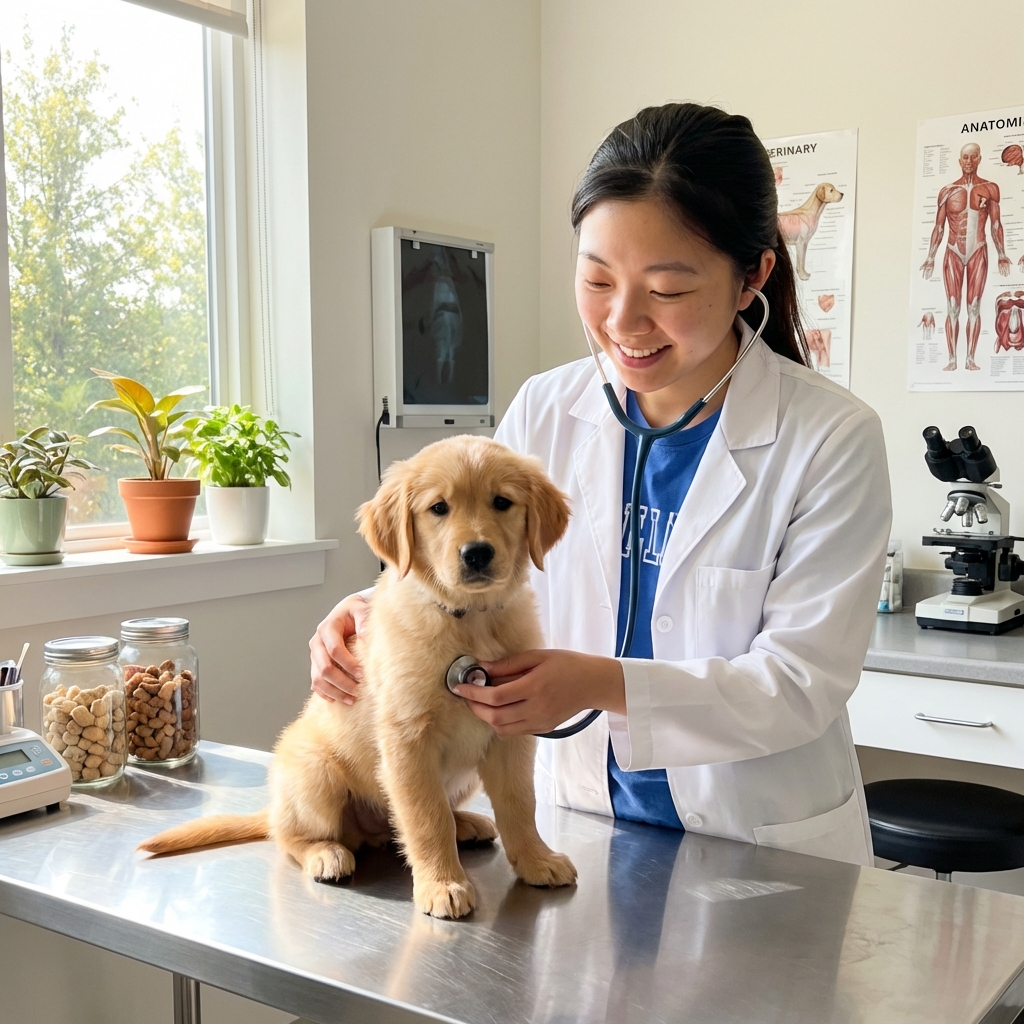 A veterinarian gently examining a young puppy on an exam table in a bright clinic