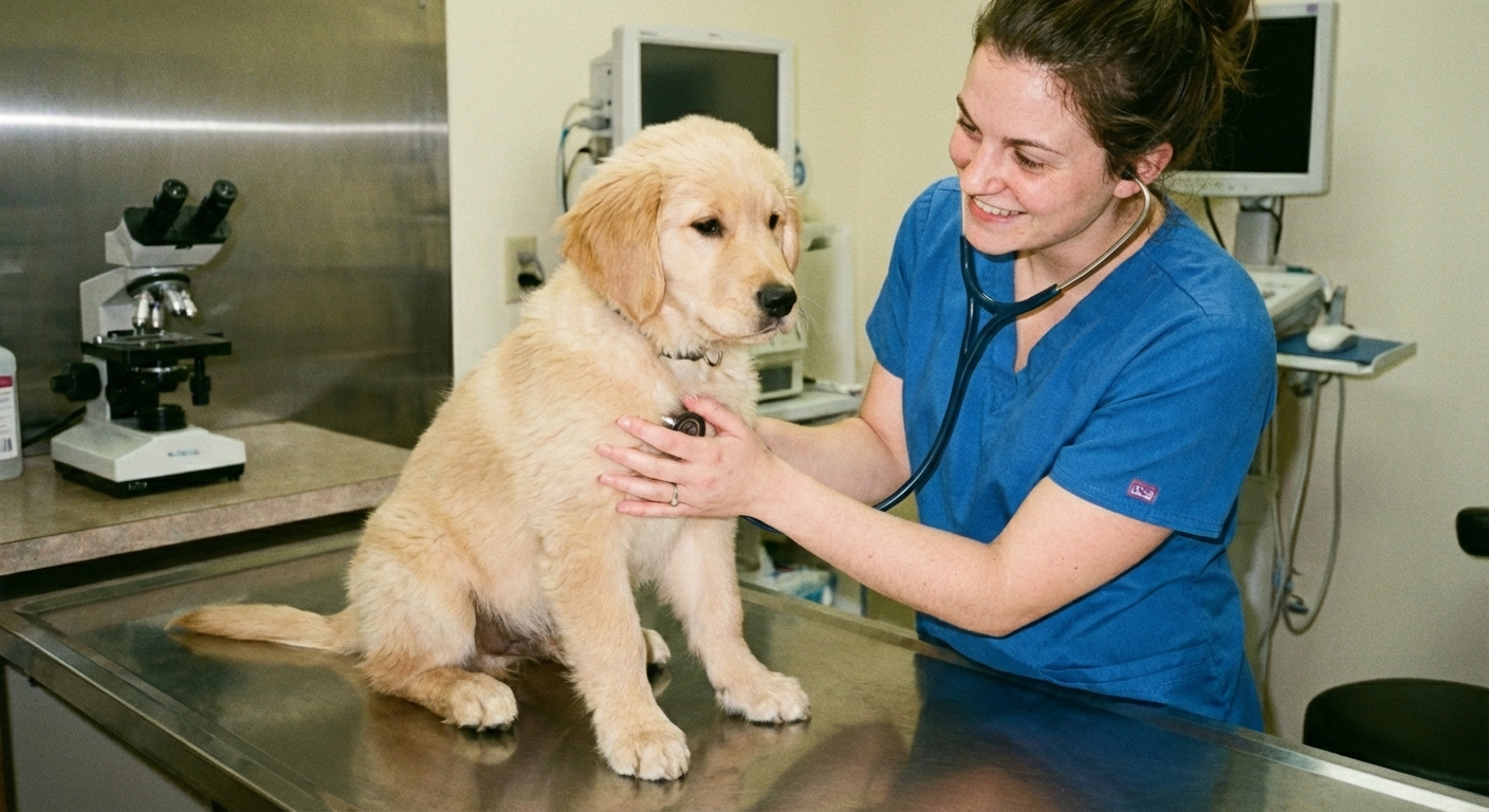 A veterinarian gently examining a young puppy on an exam table in a clinic