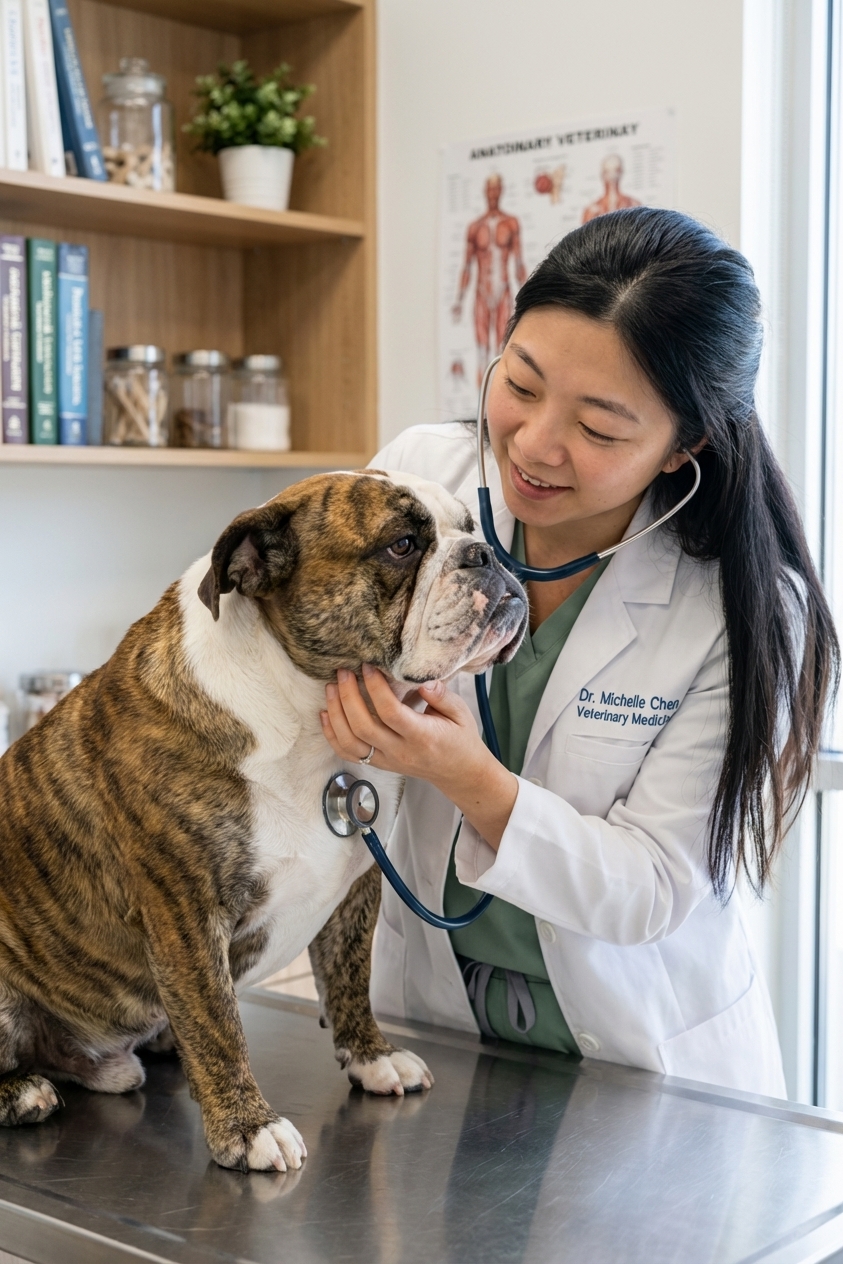 A veterinarian gently examining an English Bulldog on an exam table while assessing breathing and airway comfort, real photography style