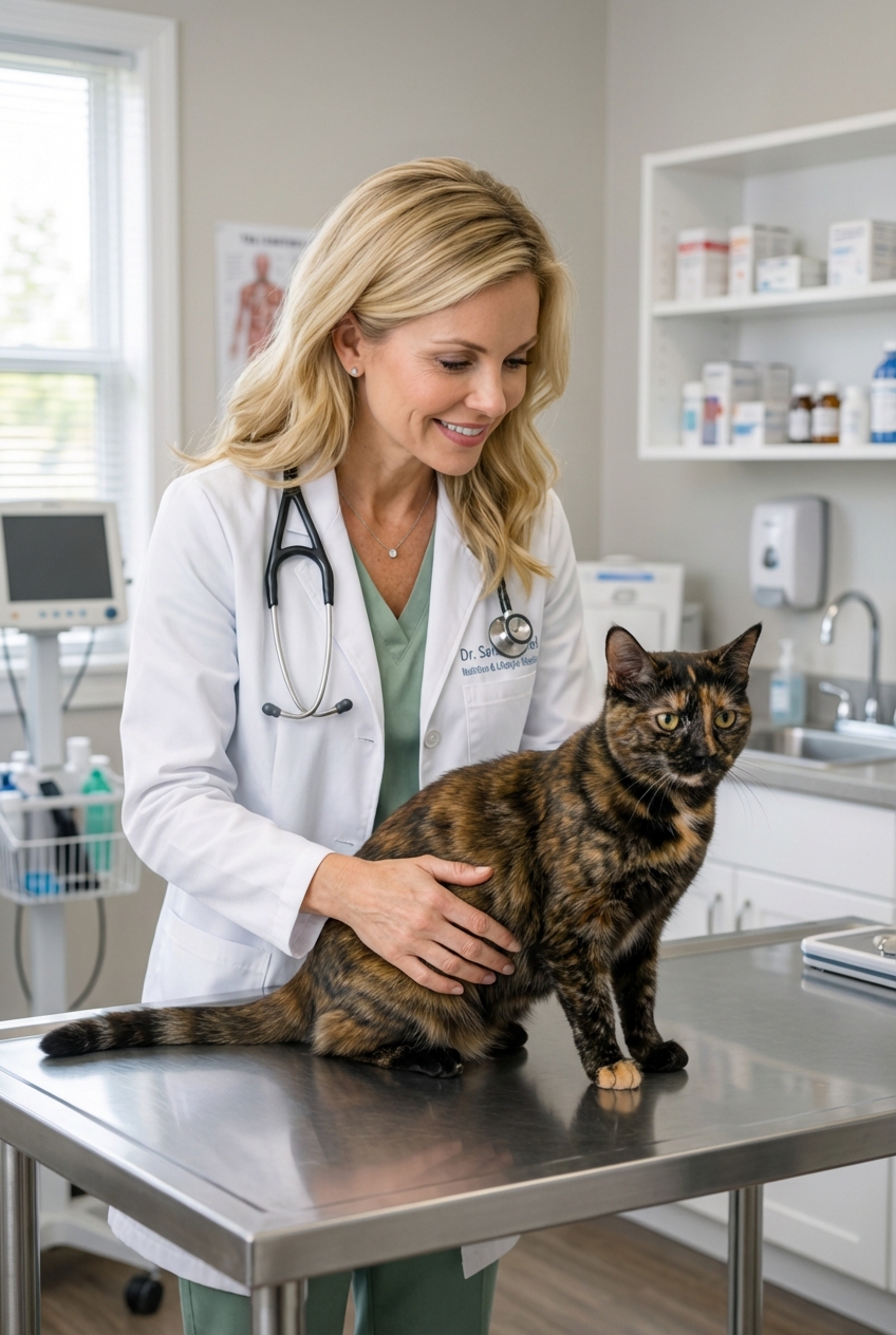 A veterinarian gently examining an adult cat on an exam table in a real clinic room