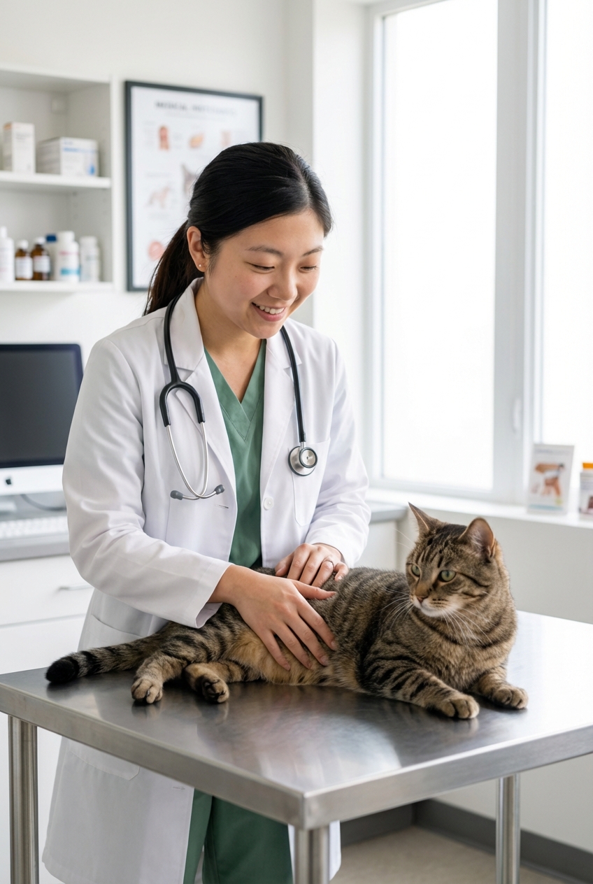 A veterinarian gently examining an adult cat on an exam table in a bright clinic room