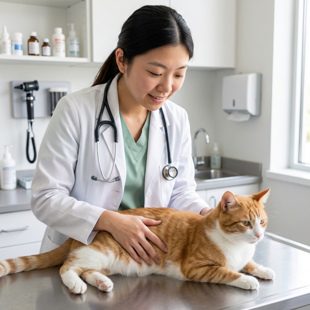 A veterinarian gently examining an adult cat on an exam table in a clinic