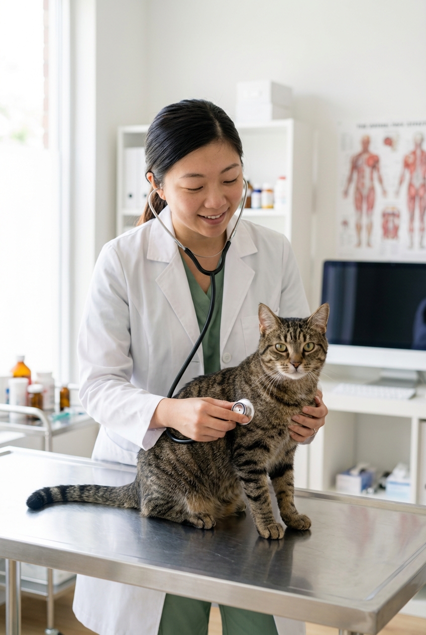 A veterinarian gently examining an adult cat on an exam table in a bright clinic room